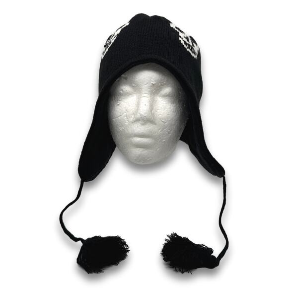 Black Peruvian Style Beanie Skull Face Trooper Trapper Winter Snowboard Ski Hat - Picture 2 of 5
